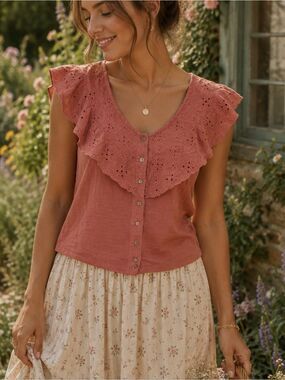 American Eagle Rust Eyelet Ruffle Crop Top M Boho Peasant
